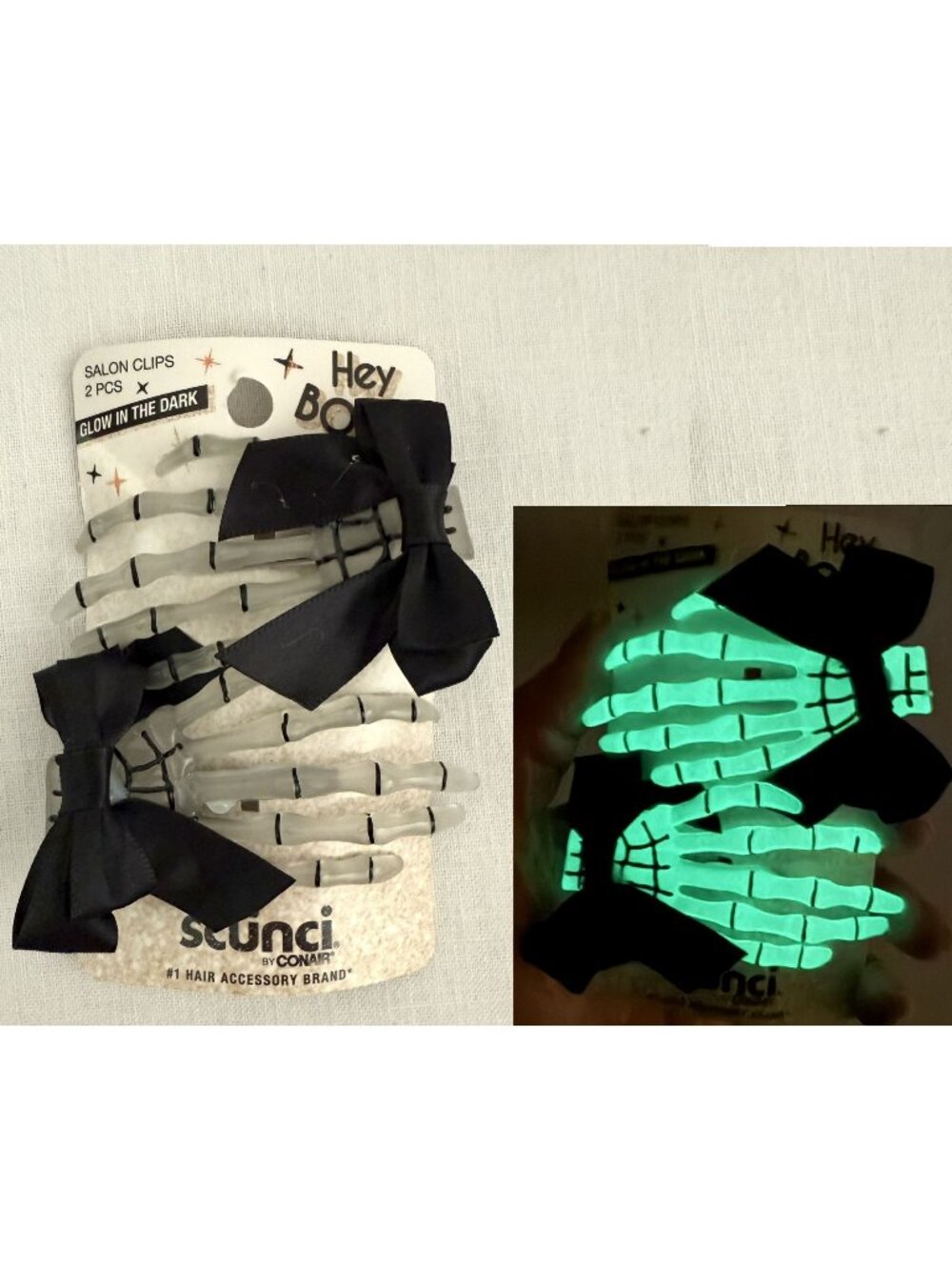 Scunci Glow In The Dark Skeleton Hand Hair Clips Black Bows Halloween Goth New